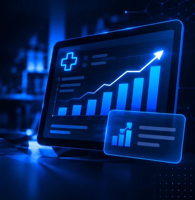 Monitor com gráfico de crescimento e resultados